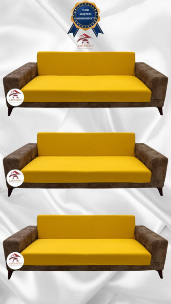 Mikro Kumaş Lastikli Kolsuz Koltuk Örtüsü - Kaymaz Elastik Koltuk Koruyucu Hardal Renk 3+3+3 (3 Parça Set)
