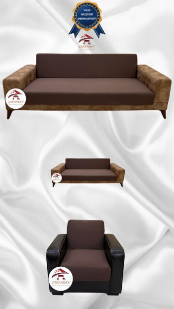 Mikro Kumaş Lastikli Kolsuz Koltuk Örtüsü - Kaymaz Elastik Koltuk Koruyucu Kahverengi Renk 3+2+1 (3 Parça Set)