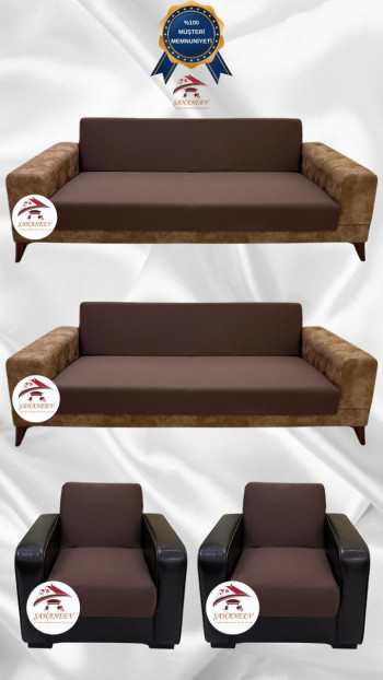 Mikro Kumaş Lastikli Kolsuz Koltuk Örtüsü - Kaymaz Elastik Koltuk Koruyucu Kahverengi Renk 3+3+1+1 (4 Parça Set)