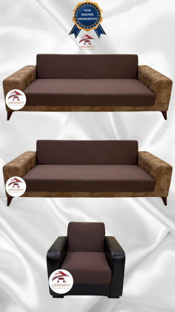 Mikro Kumaş Lastikli Kolsuz Koltuk Örtüsü - Kaymaz Elastik Koltuk Koruyucu Kahverengi Renk 3+3+1 (3 Parça Set)