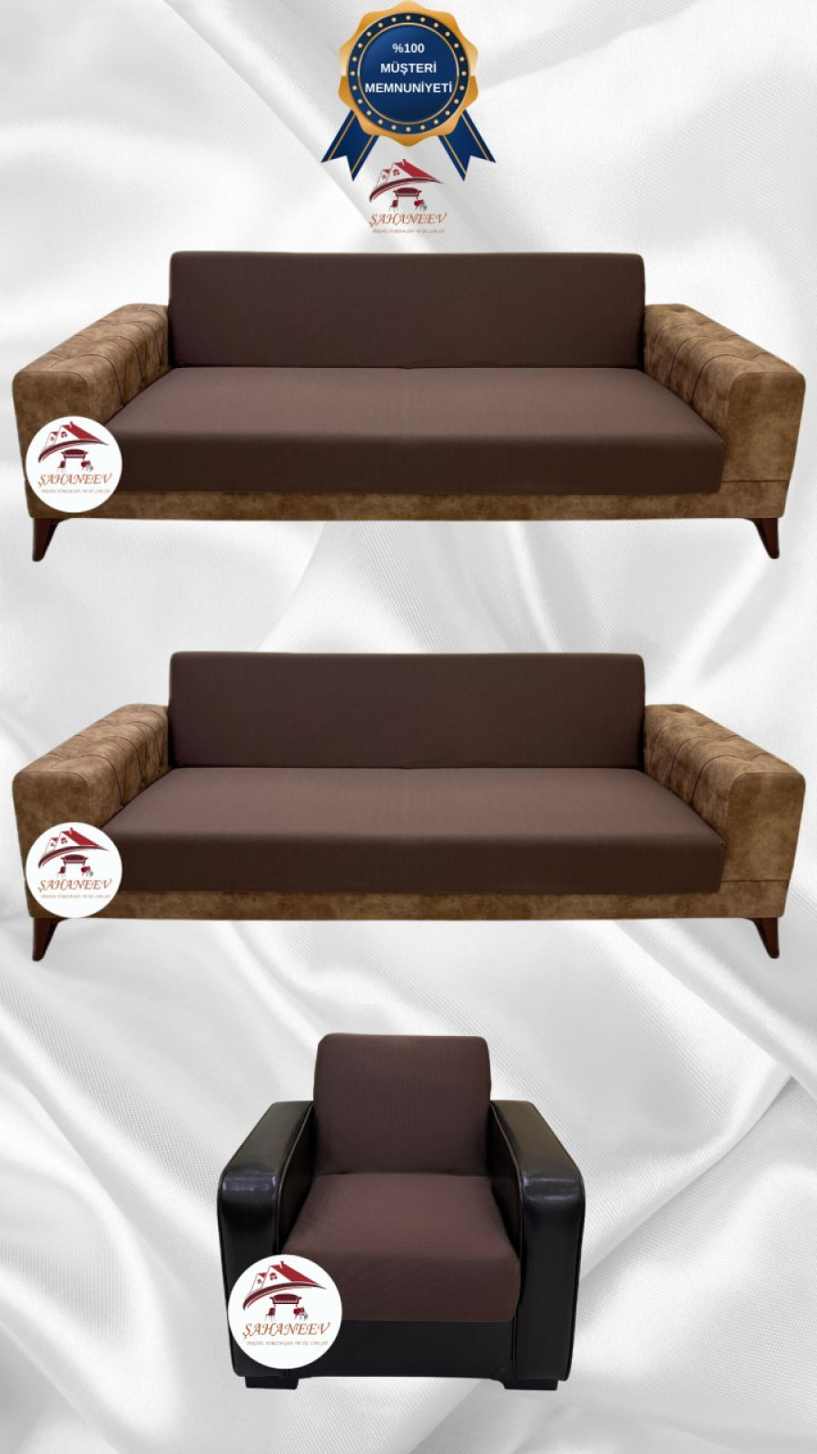 Mikro Kumaş Lastikli Kolsuz Koltuk Örtüsü - Kaymaz Elastik Koltuk Koruyucu Kahverengi Renk 3+3+1 (3 Parça Set)