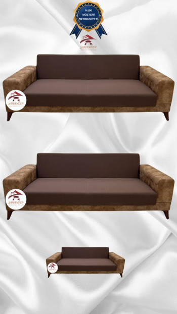 Mikro Kumaş Lastikli Kolsuz Koltuk Örtüsü - Kaymaz Elastik Koltuk Koruyucu Kahverengi Renk 3+3+2 (3 Parça Set)