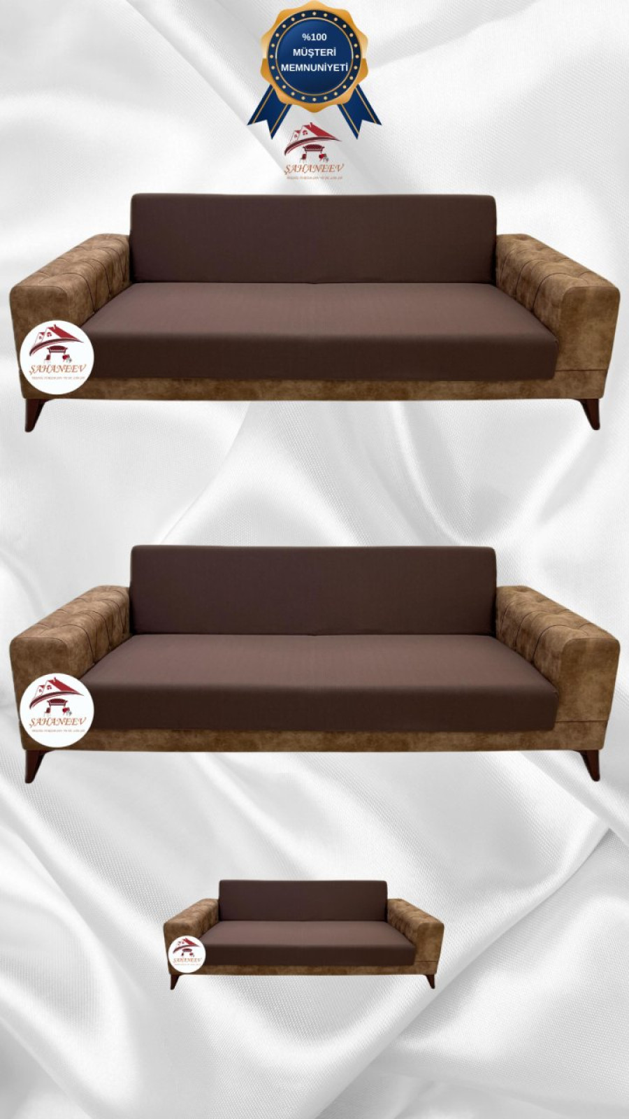 Mikro Kumaş Lastikli Kolsuz Koltuk Örtüsü - Kaymaz Elastik Koltuk Koruyucu Kahverengi Renk 3+3+2 (3 Parça Set)