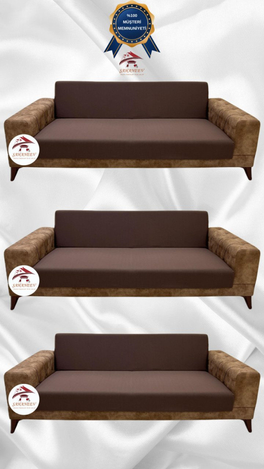 Mikro Kumaş Lastikli Kolsuz Koltuk Örtüsü - Kaymaz Elastik Koltuk Koruyucu Kahverengi Renk 3+3+3 (3 Parça Set)