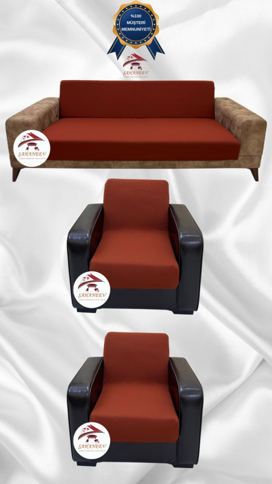 Mikro Kumaş Lastikli Kolsuz Koltuk Örtüsü - Kaymaz Elastik Koltuk Koruyucu Kiremit Renk 3+1+1 (3 Parça Set)