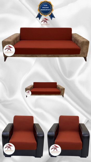 Mikro Kumaş Lastikli Kolsuz Koltuk Örtüsü - Kaymaz Elastik Koltuk Koruyucu Kiremit Renk 3+2+1+1 (4 Parça Set)