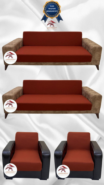 Mikro Kumaş Lastikli Kolsuz Koltuk Örtüsü - Kaymaz Elastik Koltuk Koruyucu Kiremit Renk 3+3+1+1 (4 Parça Set)