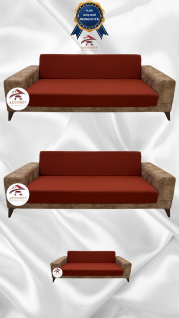 Mikro Kumaş Lastikli Kolsuz Koltuk Örtüsü - Kaymaz Elastik Koltuk Koruyucu Kiremit Renk 3+3+2 (3 Parça Set)