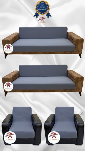 Mikro Kumaş Lastikli Kolsuz Koltuk Örtüsü - Kaymaz Elastik Koltuk Koruyucu Koyu Gri Renk 3+3+1+1 (4 Parça Set)