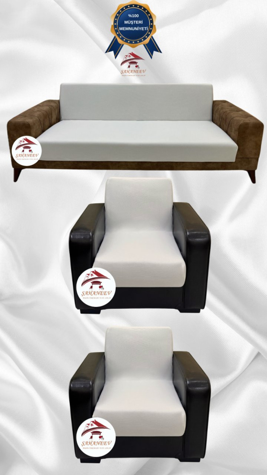 Mikro Kumaş Lastikli Kolsuz Koltuk Örtüsü - Kaymaz Elastik Koltuk Koruyucu Krem Renk 3+1+1 (3 Parça Set)