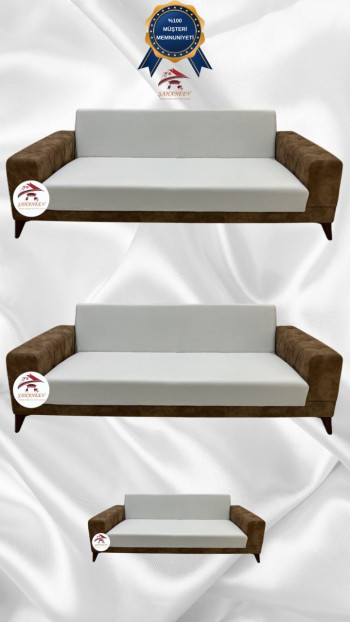 Mikro Kumaş Lastikli Kolsuz Koltuk Örtüsü - Kaymaz Elastik Koltuk Koruyucu Krem Renk 3+3+2 (3 Parça Set)