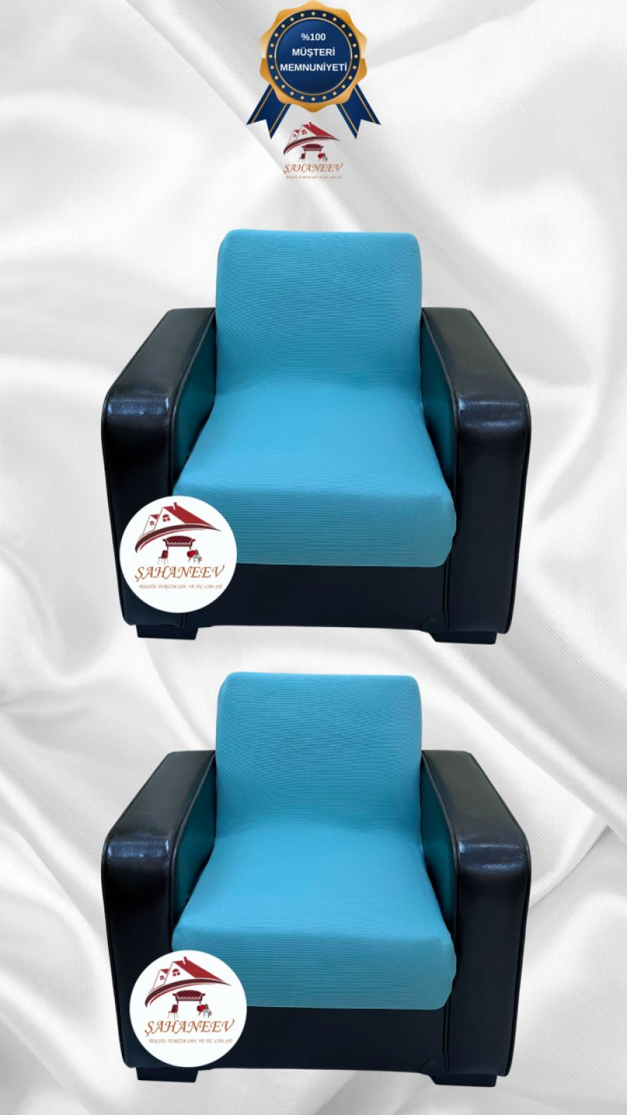 Mikro Kumaş Lastikli Kolsuz Koltuk Örtüsü - Kaymaz Elastik Koltuk Koruyucu Mavi Renk 1+1 (2 Parça Set)