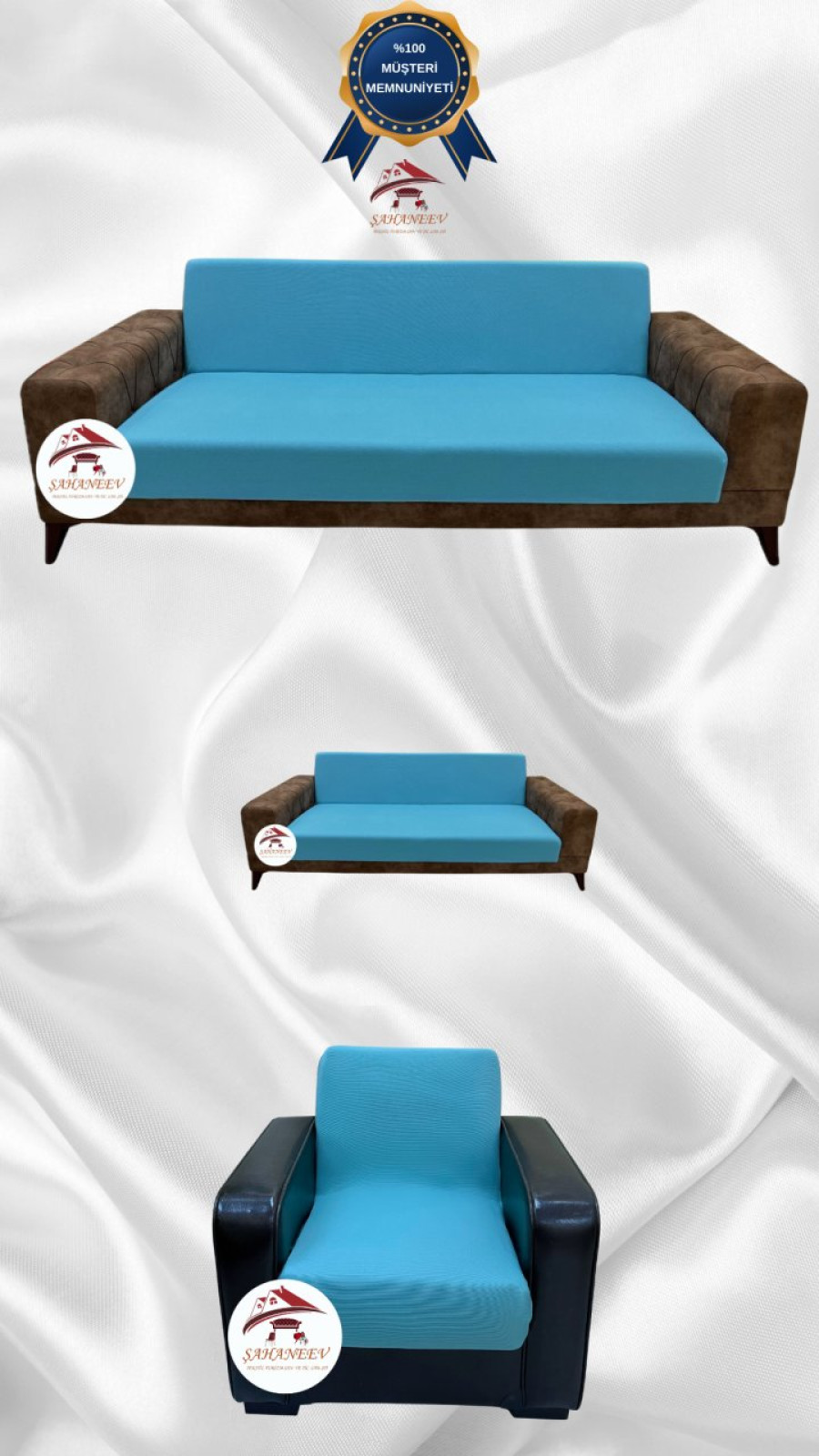 Mikro Kumaş Lastikli Kolsuz Koltuk Örtüsü - Kaymaz Elastik Koltuk Koruyucu Mavi Renk 3+2+1 (3 Parça Set) Özel Ölçü