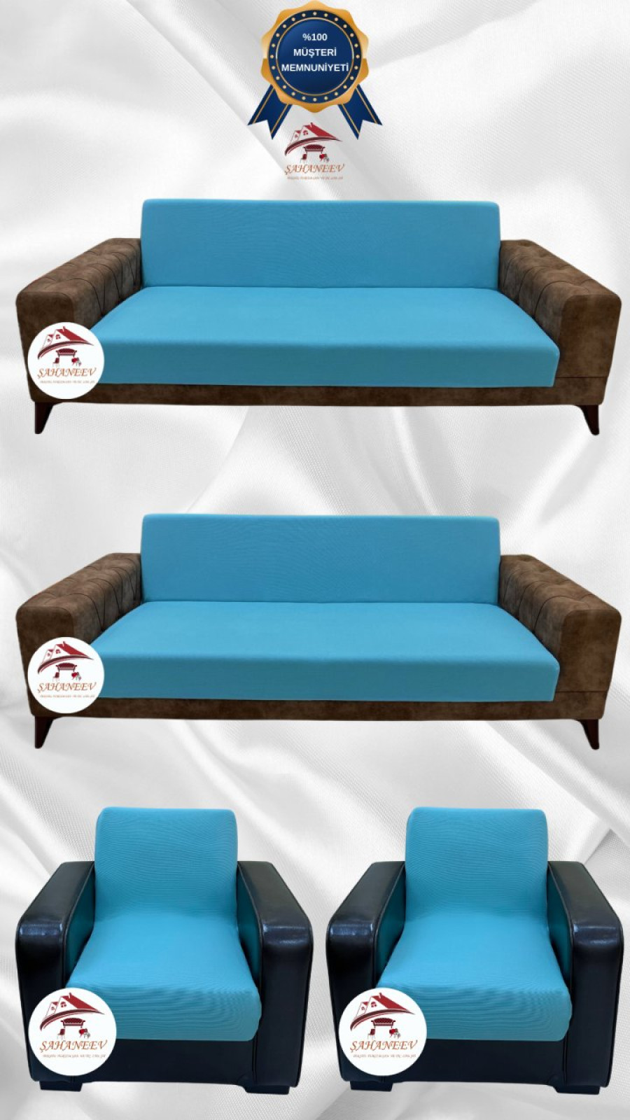 Mikro Kumaş Lastikli Kolsuz Koltuk Örtüsü - Kaymaz Elastik Koltuk Koruyucu Mavi Renk 3+3+1+1 (4 Parça Set)