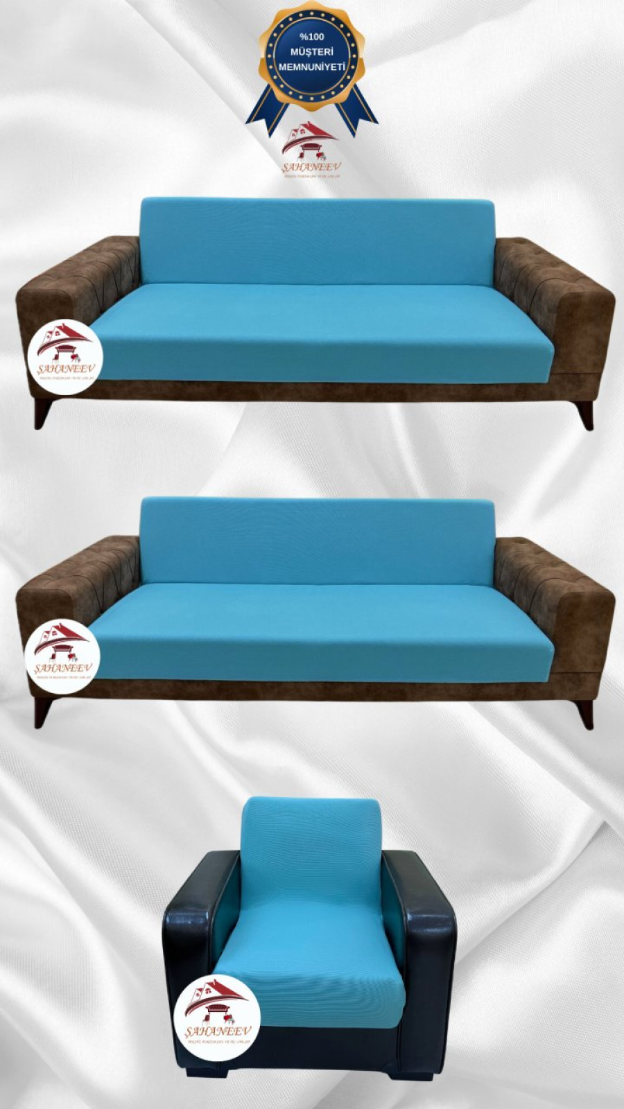 Mikro Kumaş Lastikli Kolsuz Koltuk Örtüsü - Kaymaz Elastik Koltuk Koruyucu Mavi Renk 3+3+1 (3 Parça Set)