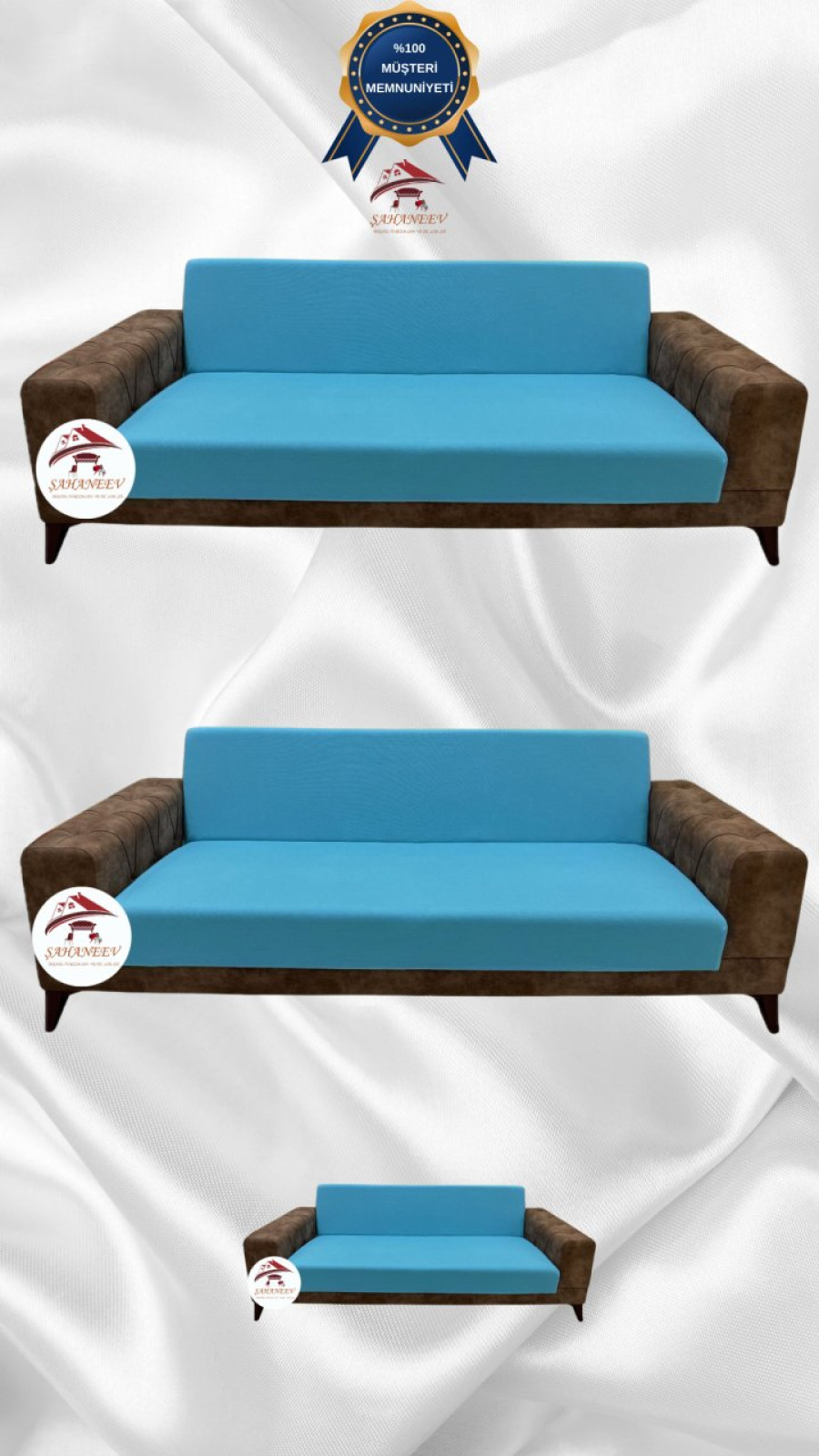 Mikro Kumaş Lastikli Kolsuz Koltuk Örtüsü - Kaymaz Elastik Koltuk Koruyucu Mavi Renk 3+3+2 (3 Parça Set) Özel Ölçü