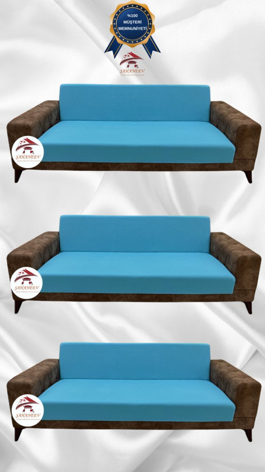 Mikro Kumaş Lastikli Kolsuz Koltuk Örtüsü - Kaymaz Elastik Koltuk Koruyucu Mavi Renk 3+3+3 (3 Parça Set)