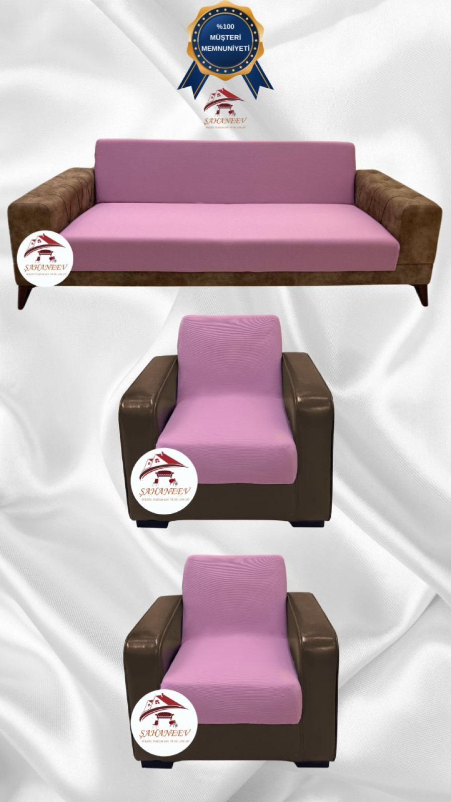 Mikro Kumaş Lastikli Kolsuz Koltuk Örtüsü - Kaymaz Elastik Koltuk Koruyucu Pudra Renk 3+1+1 (3 Parça Set)