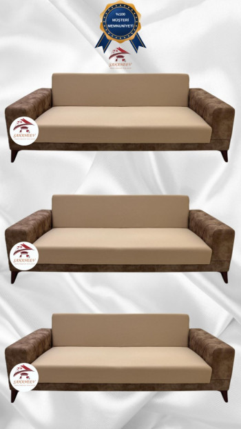 Mikro Kumaş Lastikli Kolsuz Koltuk Örtüsü - Kaymaz Elastik Koltuk Koruyucu Sütlü Kahve Renk 3+3+3 (3 Parça Set)