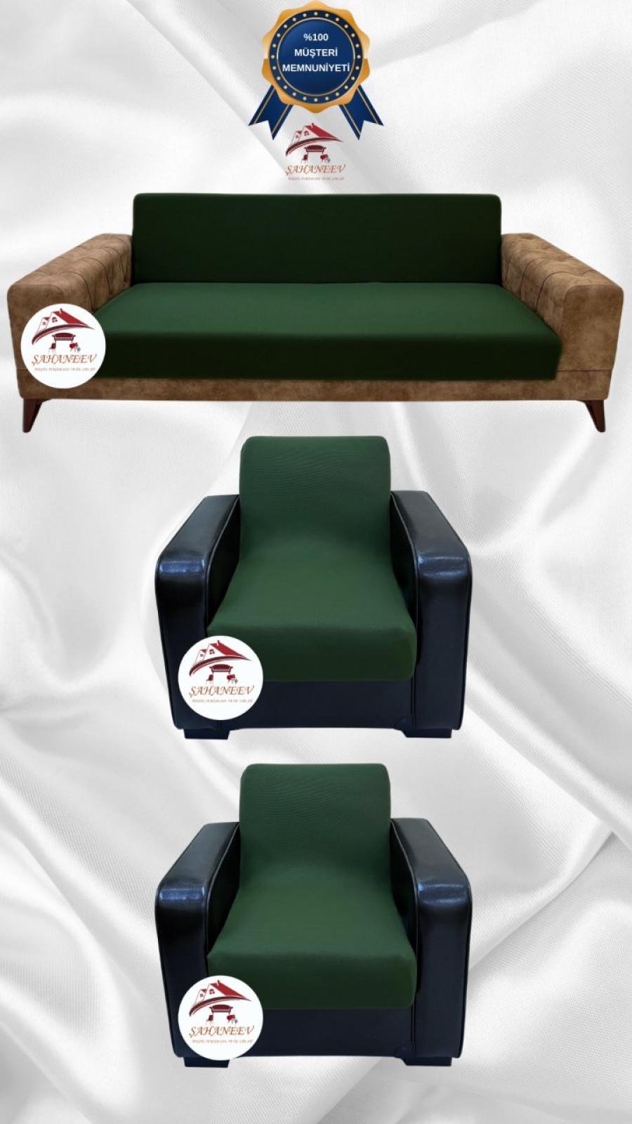 Mikro Kumaş Lastikli Kolsuz Koltuk Örtüsü - Kaymaz Elastik Koltuk Koruyucu Zümrüt Yeşili Renk 3+1+1 (3 Parça Set)