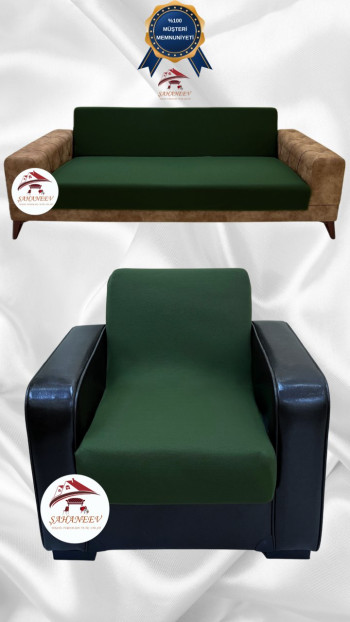 Mikro Kumaş Lastikli Kolsuz Koltuk Örtüsü - Kaymaz Elastik Koltuk Koruyucu Zümrüt Yeşili Renk 3+1 (2 Parça Set)