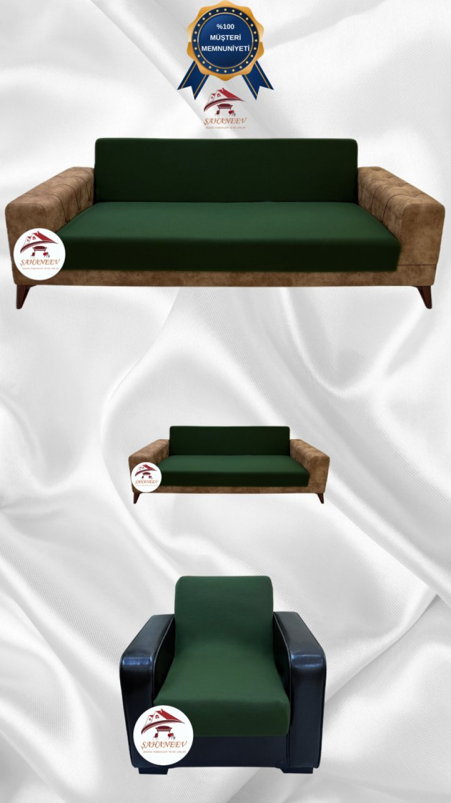 Mikro Kumaş Lastikli Kolsuz Koltuk Örtüsü - Kaymaz Elastik Koltuk Koruyucu Zümrüt Yeşili Renk 3+2+1 (3 Parça Set)