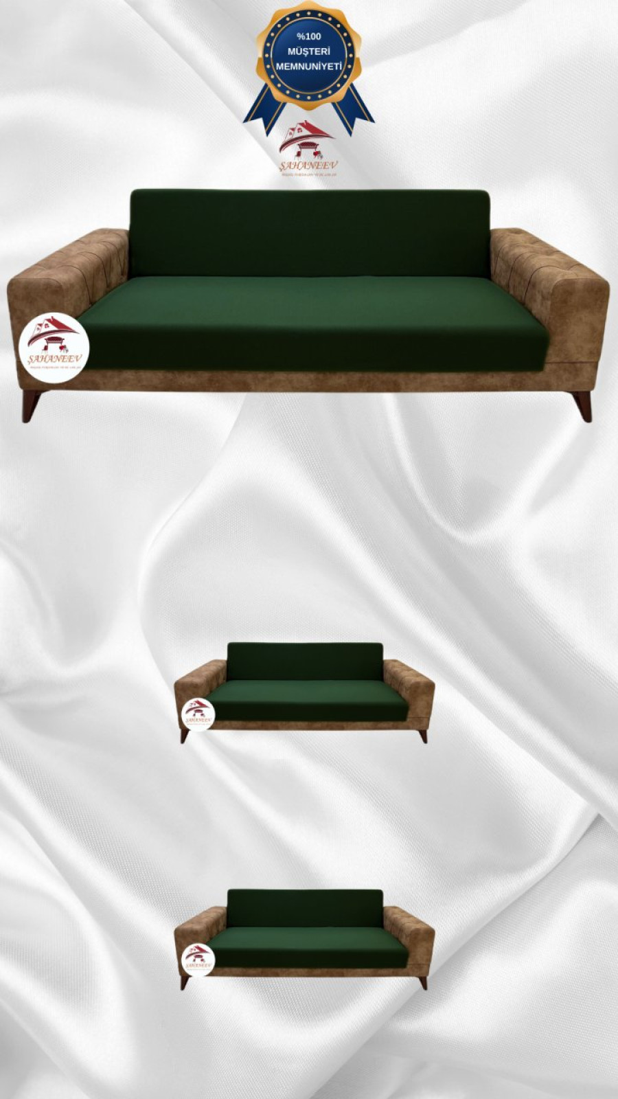 Mikro Kumaş Lastikli Kolsuz Koltuk Örtüsü - Kaymaz Elastik Koltuk Koruyucu Zümrüt Yeşili Renk 3+2+2 (3 Parça Set)