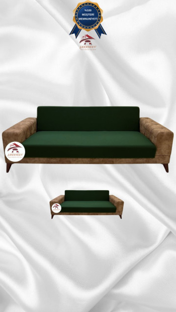 Mikro Kumaş Lastikli Kolsuz Koltuk Örtüsü - Kaymaz Elastik Koltuk Koruyucu Zümrüt Yeşili Renk 3+2 (2 Parça Set)