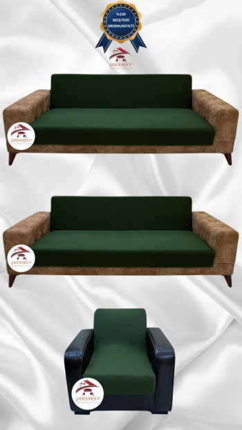 Mikro Kumaş Lastikli Kolsuz Koltuk Örtüsü - Kaymaz Elastik Koltuk Koruyucu Zümrüt Yeşili Renk 3+3+1 (3 Parça Set)