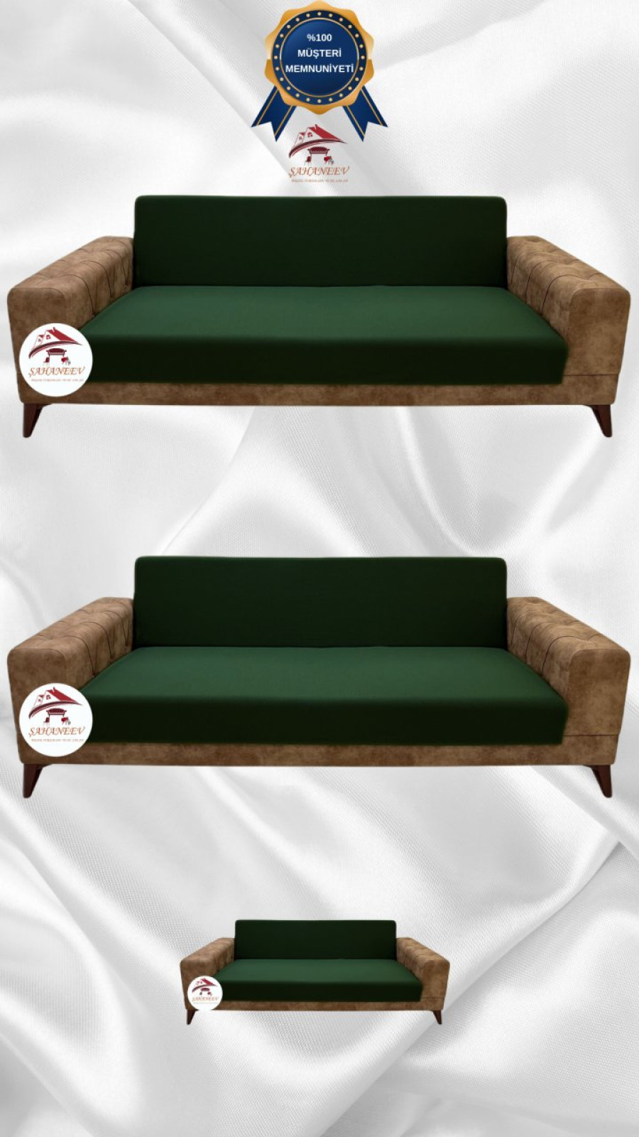 Mikro Kumaş Lastikli Kolsuz Koltuk Örtüsü - Kaymaz Elastik Koltuk Koruyucu Zümrüt Yeşili Renk 3+3+2 (3 Parça Set) Özel Ölçü