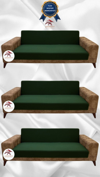 Mikro Kumaş Lastikli Kolsuz Koltuk Örtüsü - Kaymaz Elastik Koltuk Koruyucu Zümrüt Yeşili Renk 3+3+3 (3 Parça Set)