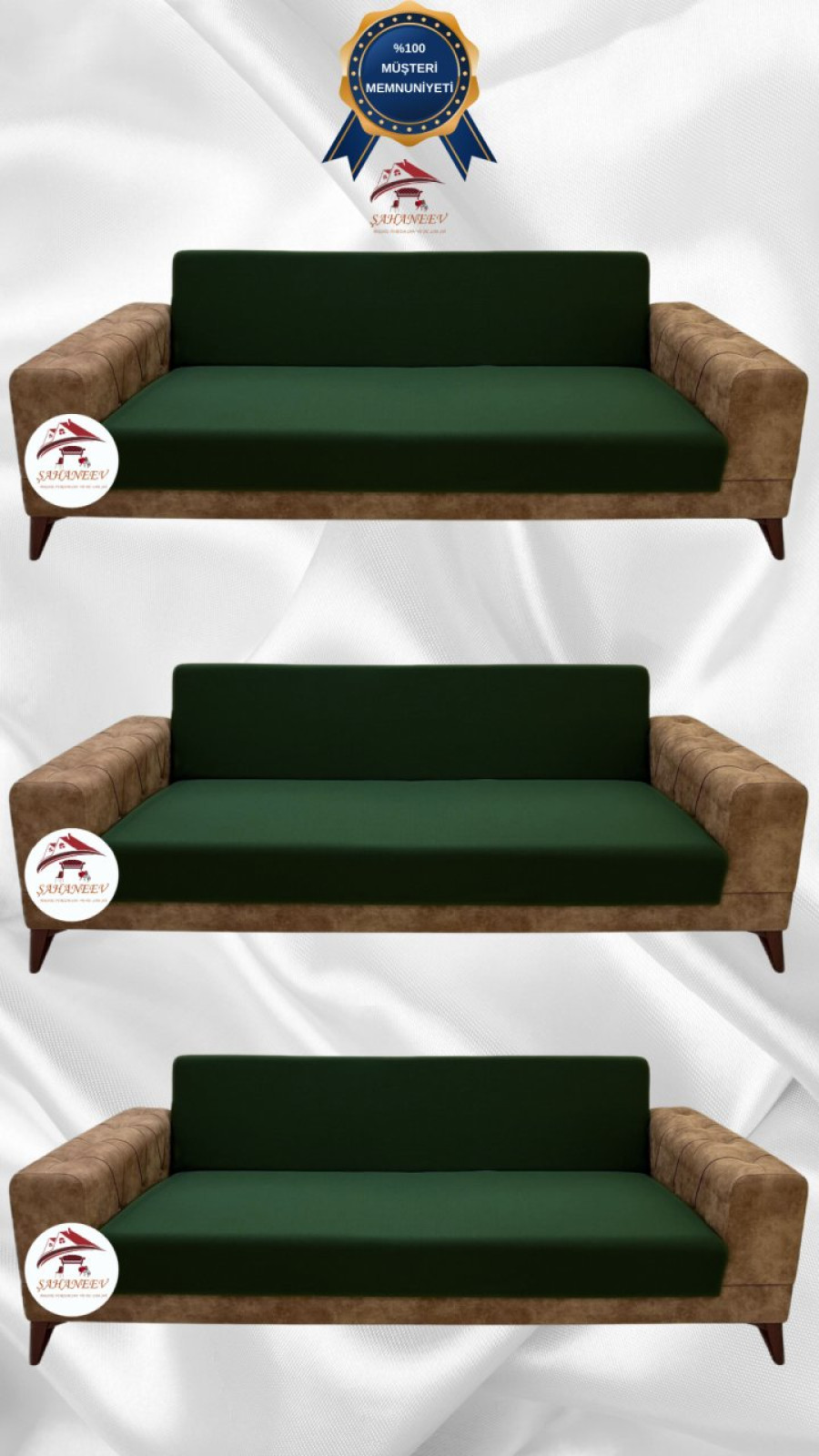 Mikro Kumaş Lastikli Kolsuz Koltuk Örtüsü - Kaymaz Elastik Koltuk Koruyucu Zümrüt Yeşili Renk 3+3+3 (3 Parça Set)