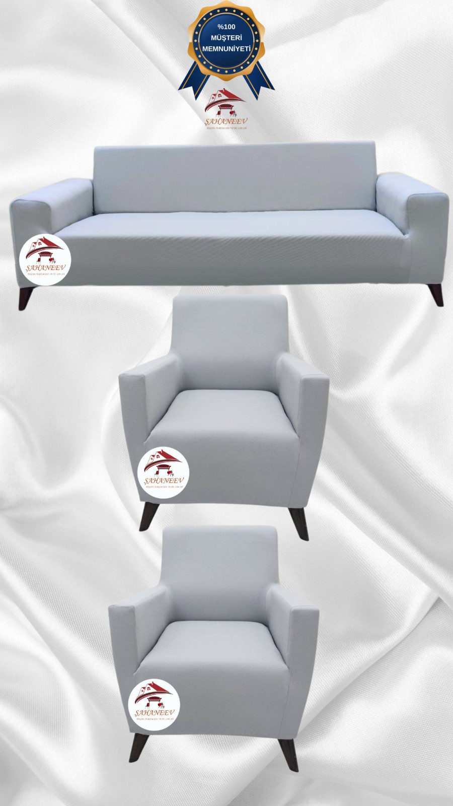 Mikro Kumaş Lastikli Giydirme Koltuk Örtüsü - Kaymaz Elastik Koltuk Koruyucu Açık Gri Renk 3+1+1 (3 Parça Set)