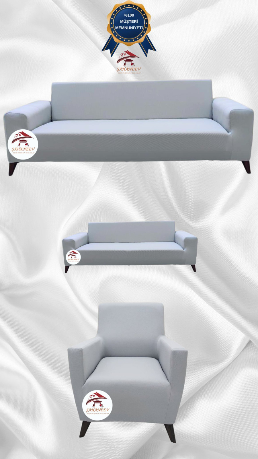 Mikro Kumaş Lastikli Giydirme Koltuk Örtüsü - Kaymaz Elastik Koltuk Koruyucu Açık Gri Renk 3+2+1 (3 Parça Set)