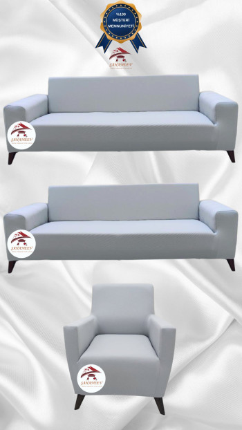 Mikro Kumaş Lastikli Giydirme Koltuk Örtüsü - Kaymaz Elastik Koltuk Koruyucu Açık Gri Renk 3+3+1 (3 Parça Set)