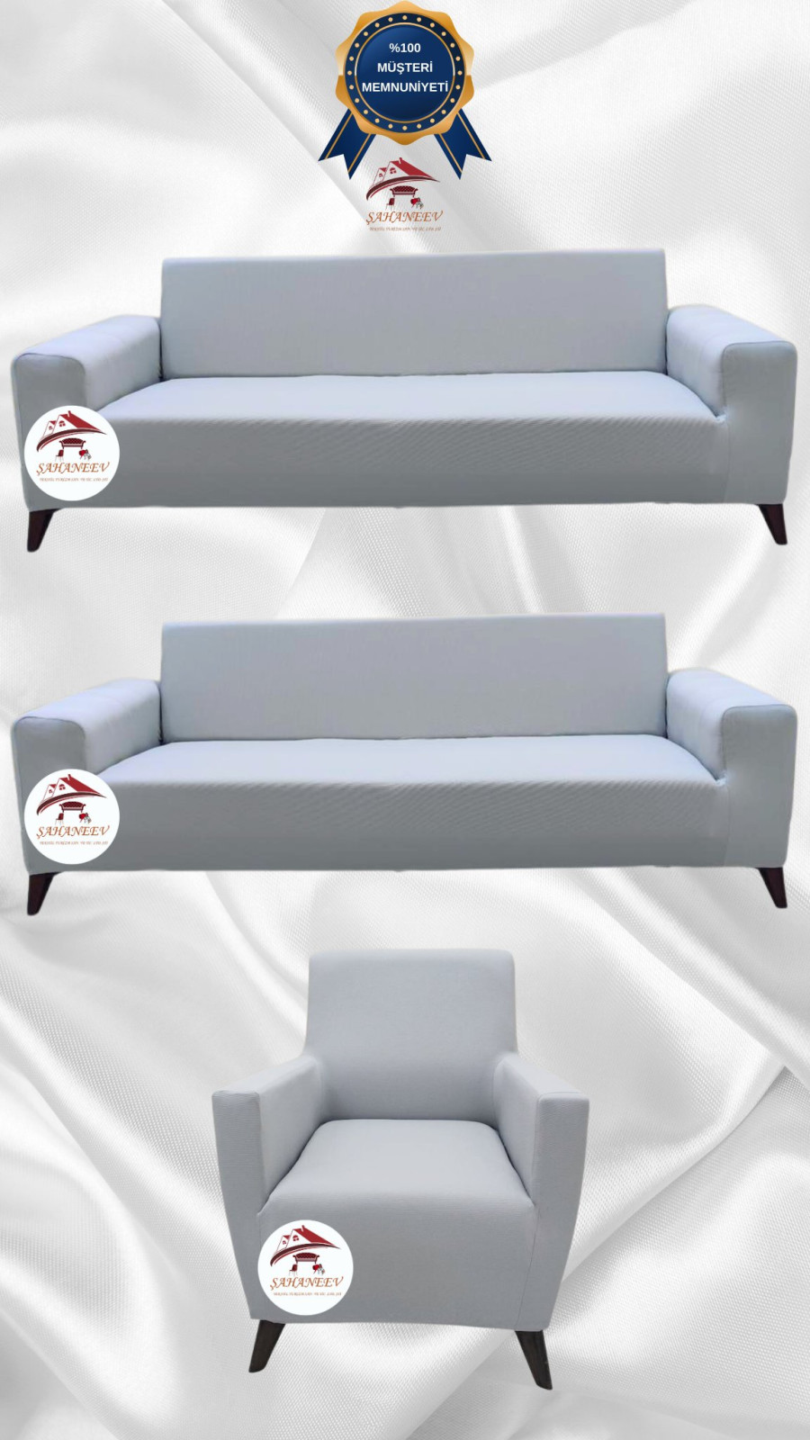 Mikro Kumaş Lastikli Giydirme Koltuk Örtüsü - Kaymaz Elastik Koltuk Koruyucu Açık Gri Renk 3+3+1 (3 Parça Set)