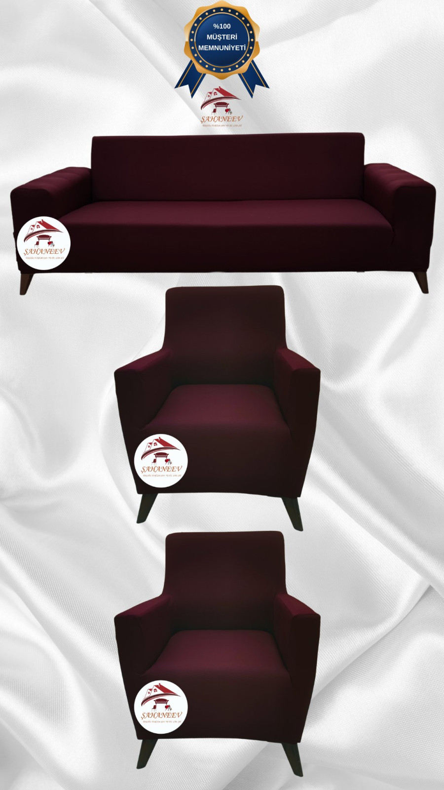 Mikro Kumaş Lastikli Giydirme Koltuk Örtüsü - Kaymaz Elastik Koltuk Koruyucu Bordo Renk 3+1+1 (3 Parça Set)