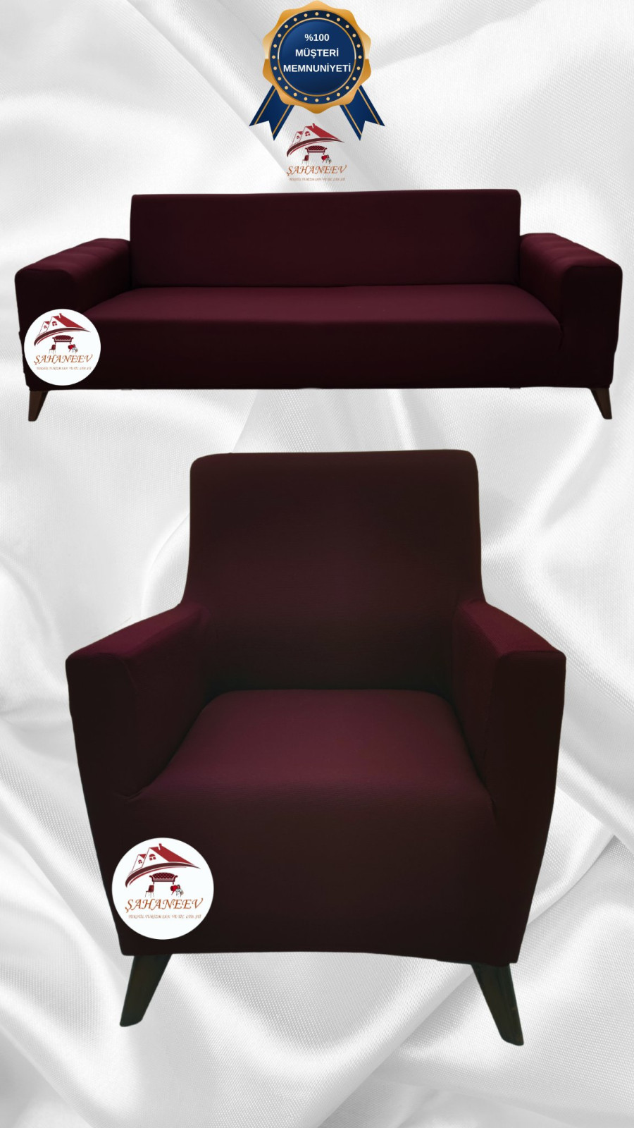 Mikro Kumaş Lastikli Giydirme Koltuk Örtüsü - Kaymaz Elastik Koltuk Koruyucu Bordo Renk 3+1 (2 Parça Set)