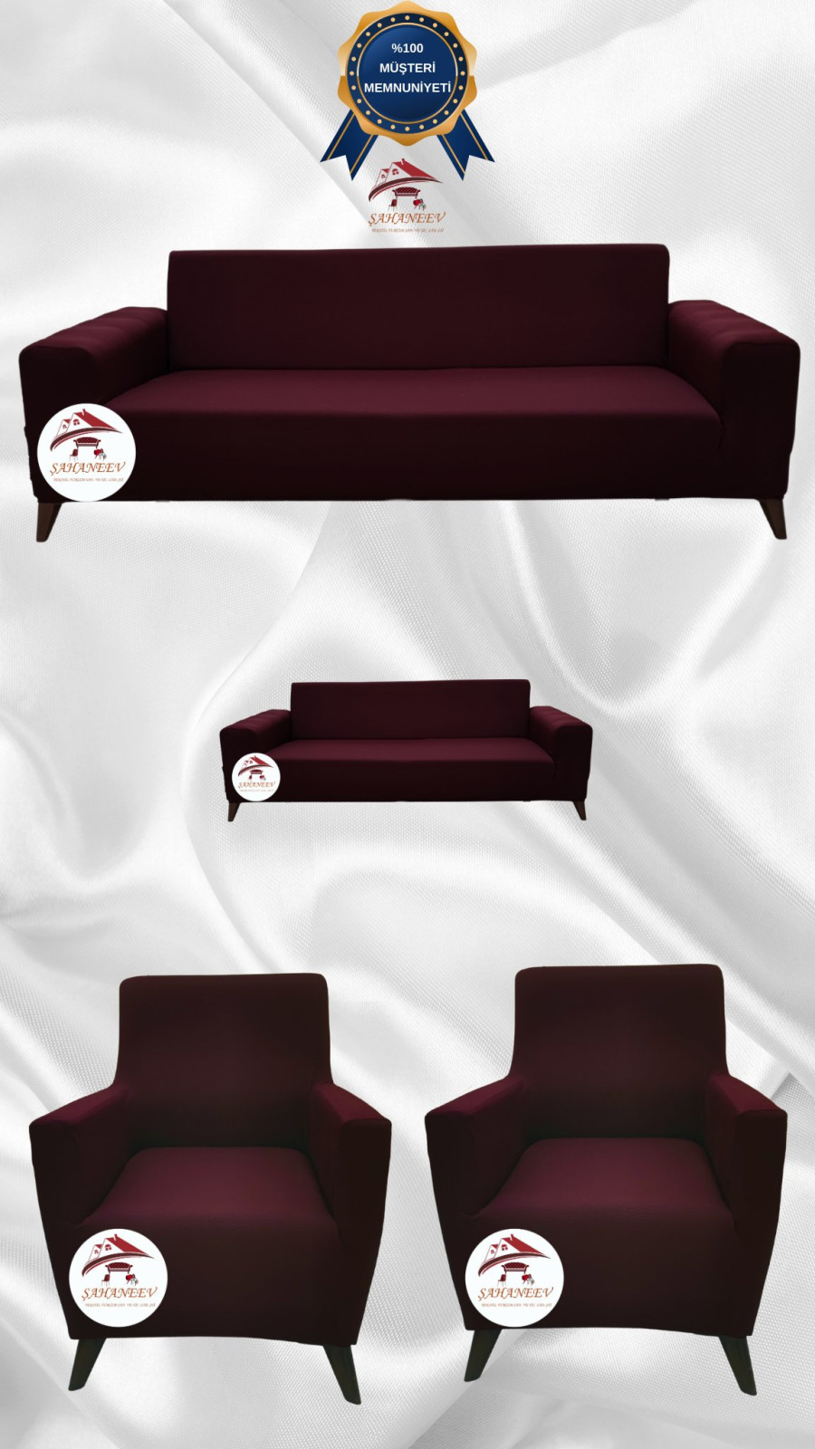 Mikro Kumaş Lastikli Giydirme Koltuk Örtüsü - Kaymaz Elastik Koltuk Koruyucu Bordo Renk 3+2+1+1 (4 Parça Set)