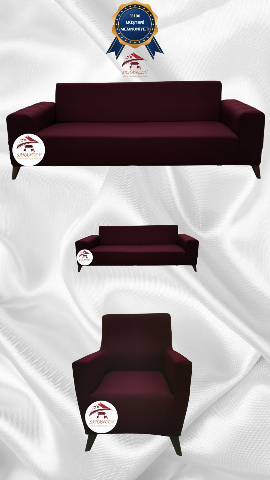Mikro Kumaş Lastikli Giydirme Koltuk Örtüsü - Kaymaz Elastik Koltuk Koruyucu Bordo Renk 3+2+1 (3 Parça Set)