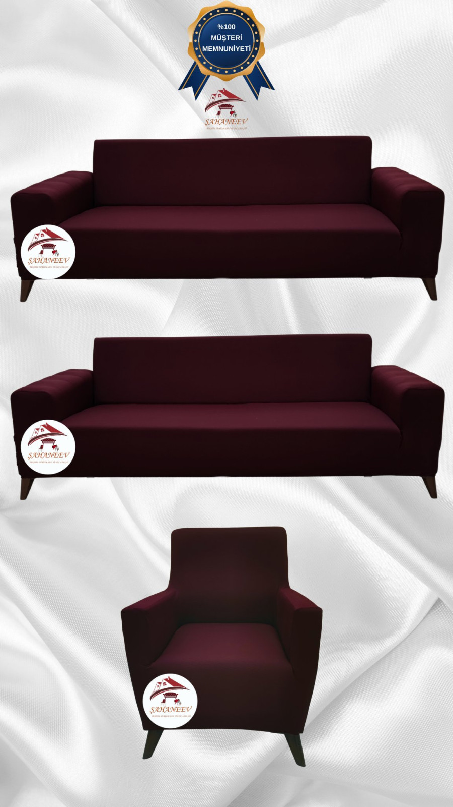 Mikro Kumaş Lastikli Giydirme Koltuk Örtüsü - Kaymaz Elastik Koltuk Koruyucu Bordo Renk 3+3+1 (3 Parça Set) Özel Ölçü