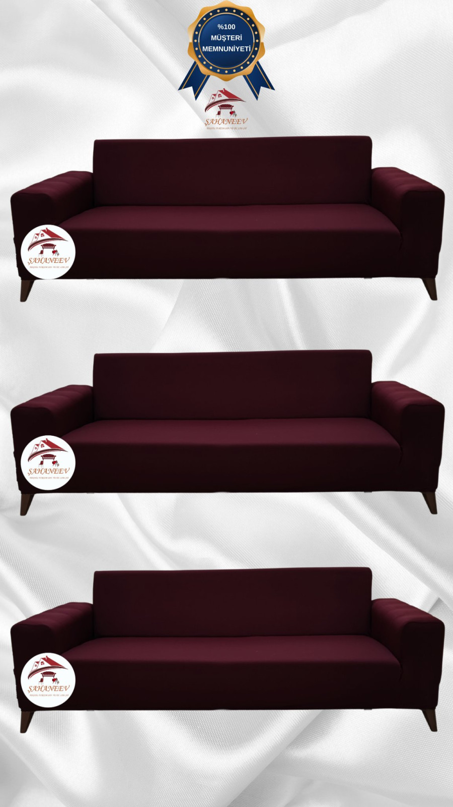 Mikro Kumaş Lastikli Giydirme Koltuk Örtüsü - Kaymaz Elastik Koltuk Koruyucu Bordo Renk 3+3+3 (3 Parça Set) Özel Ölçü