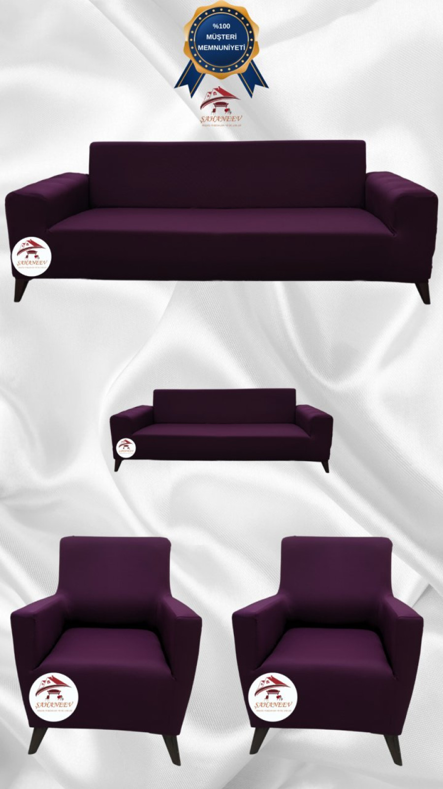 Mikro Kumaş Lastikli Giydirme Koltuk Örtüsü - Kaymaz Elastik Koltuk Koruyucu Fuşya Renk 3+2+1+1 (4 Parça Set)