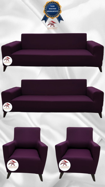 Mikro Kumaş Lastikli Giydirme Koltuk Örtüsü - Kaymaz Elastik Koltuk Koruyucu Fuşya Renk 3+3+1+1 (4 Parça Set)