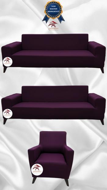 Mikro Kumaş Lastikli Giydirme Koltuk Örtüsü - Kaymaz Elastik Koltuk Koruyucu Fuşya Renk 3+3+1 (3 Parça Set)