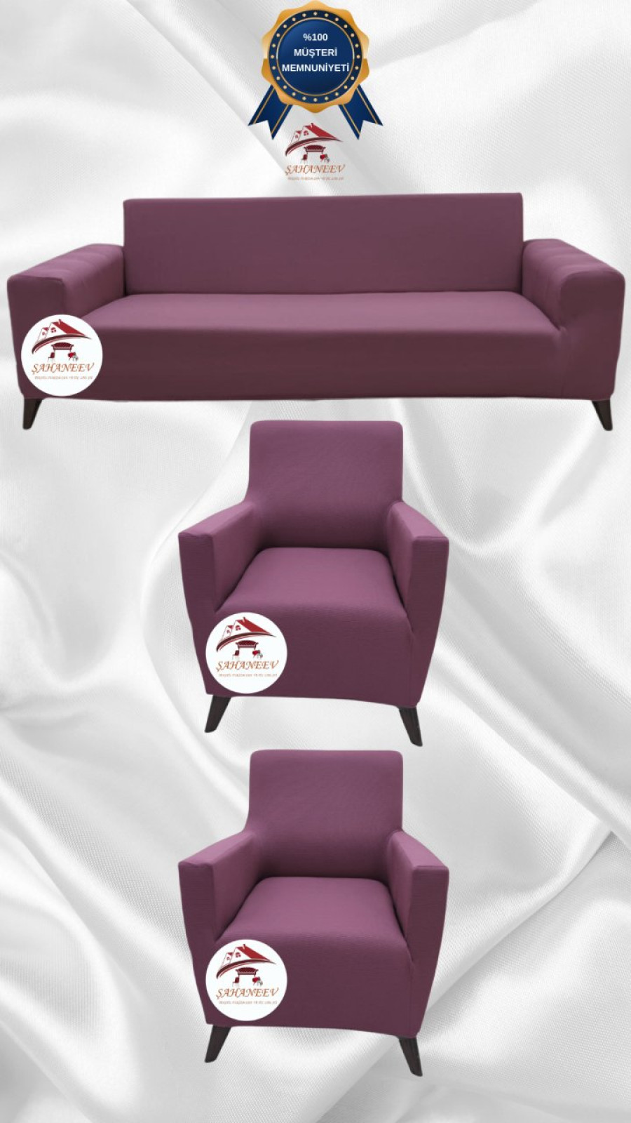 Mikro Kumaş Lastikli Giydirme Koltuk Örtüsü - Kaymaz Elastik Koltuk Koruyucu Gülkurusu Renk 3+1+1 (3 Parça Set)