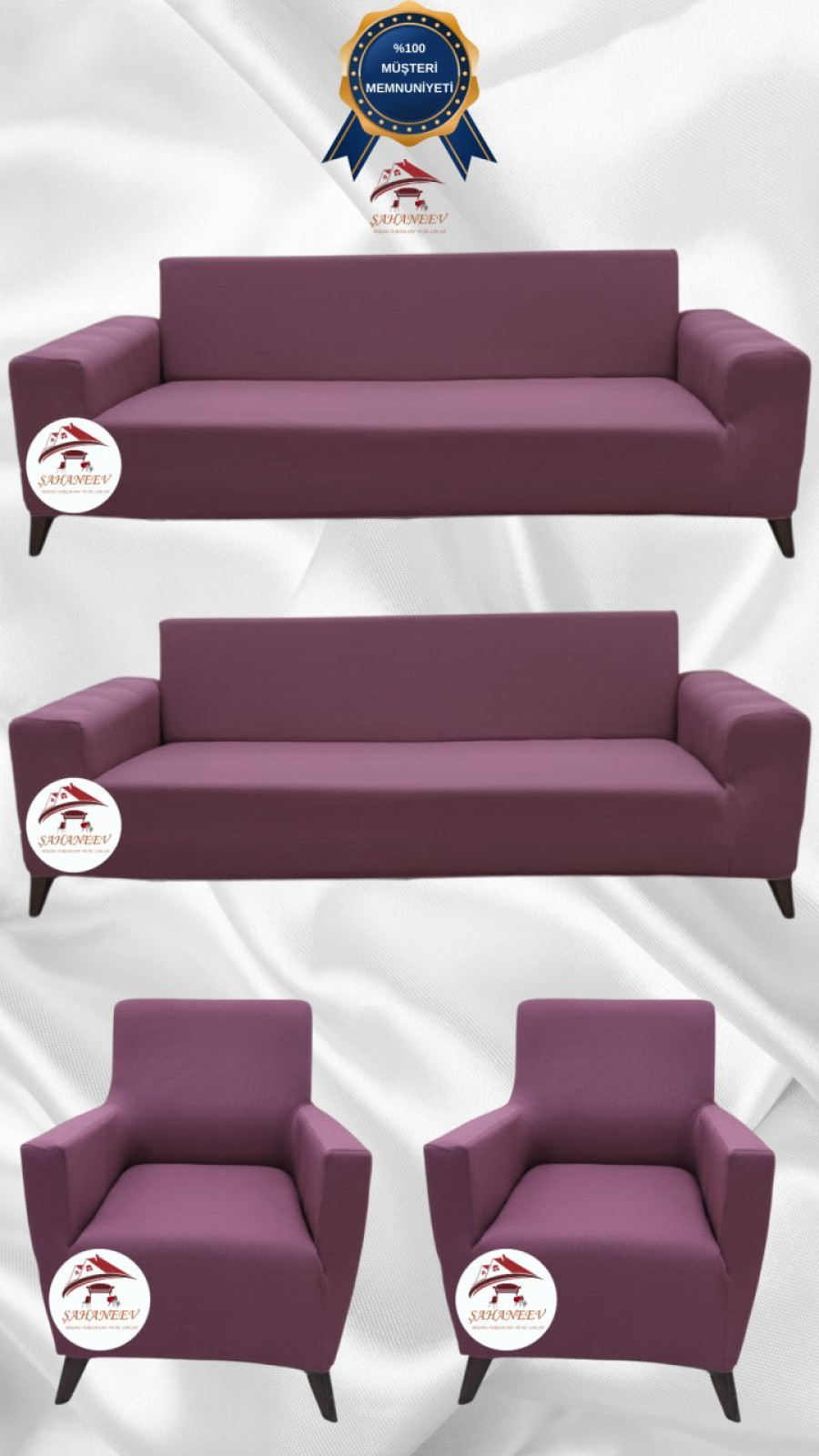 Mikro Kumaş Lastikli Giydirme Koltuk Örtüsü - Kaymaz Elastik Koltuk Koruyucu Gülkurusu Renk 3+3+1+1 (4 Parça Set)