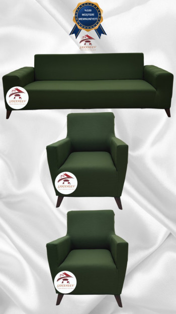 Mikro Kumaş Lastikli Giydirme Koltuk Örtüsü - Kaymaz Elastik Koltuk Koruyucu Haki Yeşili Renk 3+1+1 (3 Parça Set)