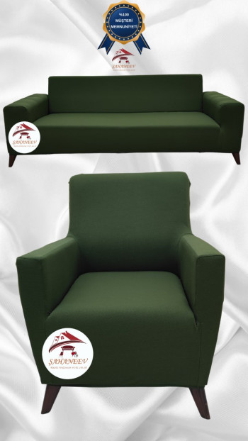 Mikro Kumaş Lastikli Giydirme Koltuk Örtüsü - Kaymaz Elastik Koltuk Koruyucu Haki Yeşili Renk 3+1 (2 Parça Set)