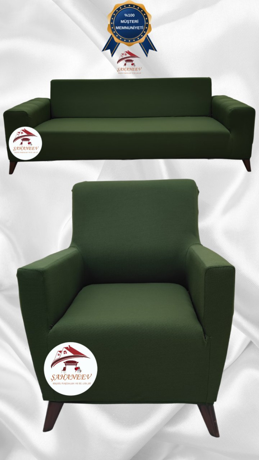 Mikro Kumaş Lastikli Giydirme Koltuk Örtüsü - Kaymaz Elastik Koltuk Koruyucu Haki Yeşili Renk 3+1 (2 Parça Set) Özel Ölçü